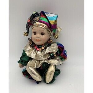 VINTAGE Harlequin Mardi Gras Jester Clown Porcelain Doll Multi-color Bling